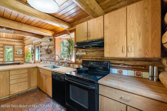 6250 W Paintbrush Trl, Wilson, WY 83014 - kitchen with black appliances, under cabinet range hood, log walls, a wood ceiling with exposed beams, and light countertops