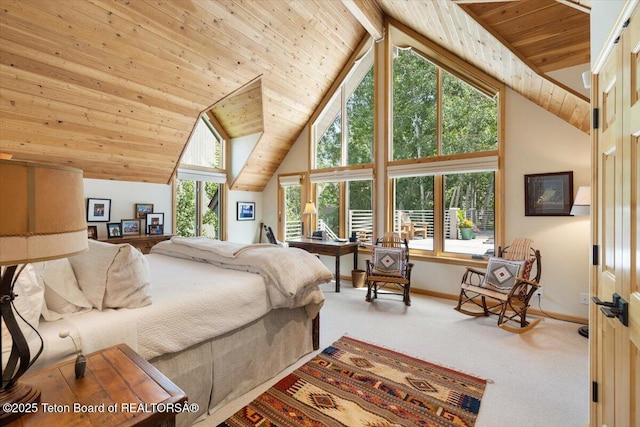 2620 N Fairways Pl W, Wilson, WY 83014 - bedroom featuring carpet flooring, a wood ceiling with exposed beams, and high vaulted ceiling