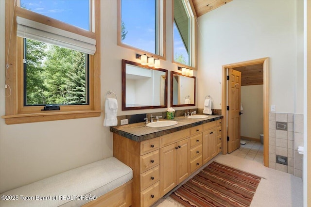 2620 N Fairways Pl W, Wilson, WY 83014 - bathroom with high vaulted ceiling and double vanity