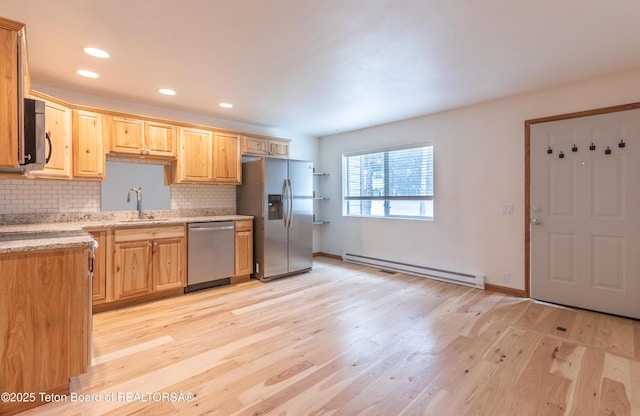 55 Virginian Ln Unit 55-2, Jackson, WY 83002 - kitchen featuring stainless steel appliances, a baseboard radiator, light wood finished floors, tasteful backsplash, and light brown cabinetry