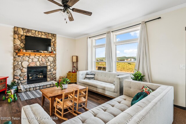 26 Merrimac Trl, Boulder, WY 82923 - living area with ceiling fan, ornamental molding, wood finished floors, and a stone fireplace