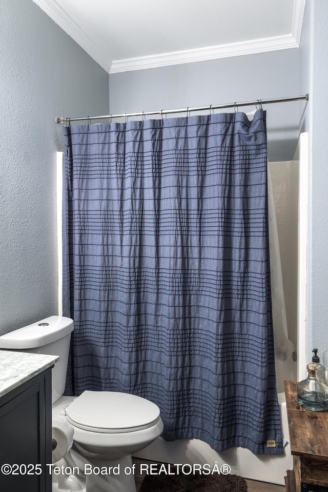 26 Merrimac Trl, Boulder, WY 82923 - bathroom featuring ornamental molding, vanity, shower / bath combination with curtain, and a textured wall