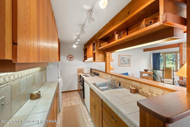 3705 N Teton Dr # 914, Wilson, WY 83014 - kitchen featuring tile countertops, white range with electric stovetop, open shelves, tasteful backsplash, and under cabinet range hood