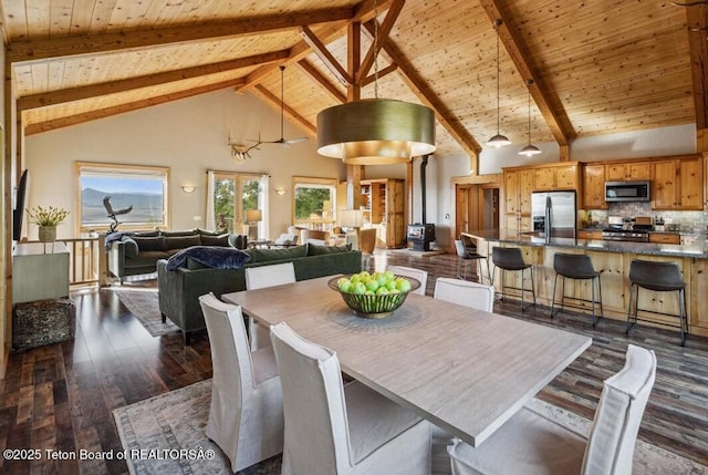 20 Trail Ride Ln, Cora, WY 82925 - dining area featuring dark wood-style floors, a wooden ceiling with exposed beams, and high vaulted ceiling