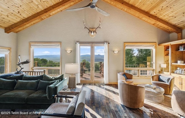 20 Trail Ride Ln, Cora, WY 82925 - living room with wood finished floors, a wood ceiling with exposed beams, high vaulted ceiling, healthy amount of natural light, and a ceiling fan