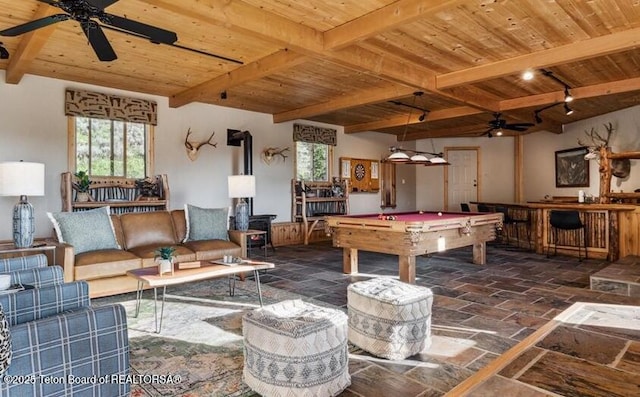 20 Trail Ride Ln, Cora, WY 82925 - game room with a wooden ceiling with exposed beams, a ceiling fan, stone tile floors, healthy amount of natural light, and billiards