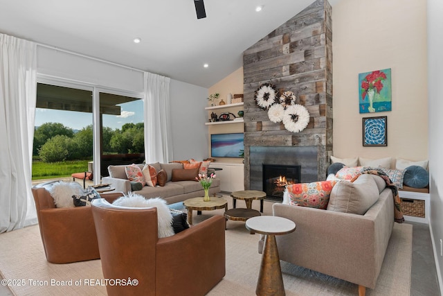 4345 Melody Ranch Dr, Jackson, WY 83001 - living room featuring a fireplace, recessed lighting, high vaulted ceiling, and a ceiling fan