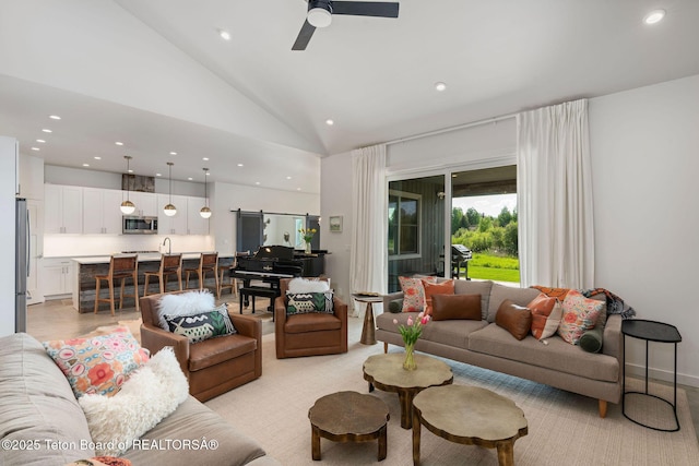 4345 Melody Ranch Dr, Jackson, WY 83001 - living area with recessed lighting, high vaulted ceiling, and ceiling fan
