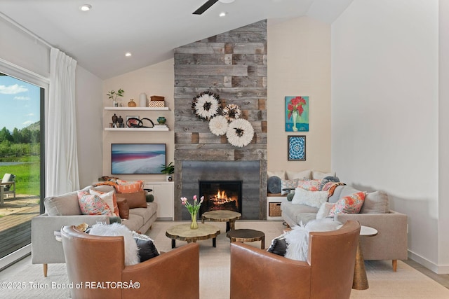 4345 Melody Ranch Dr, Jackson, WY 83001 - living area featuring lofted ceiling, a large fireplace, recessed lighting, and a ceiling fan
