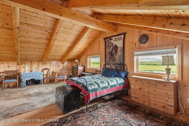 15 S Rainbow Dr, Cora, WY 82925 - bedroom with wood walls, multiple windows, wood ceiling, and carpet