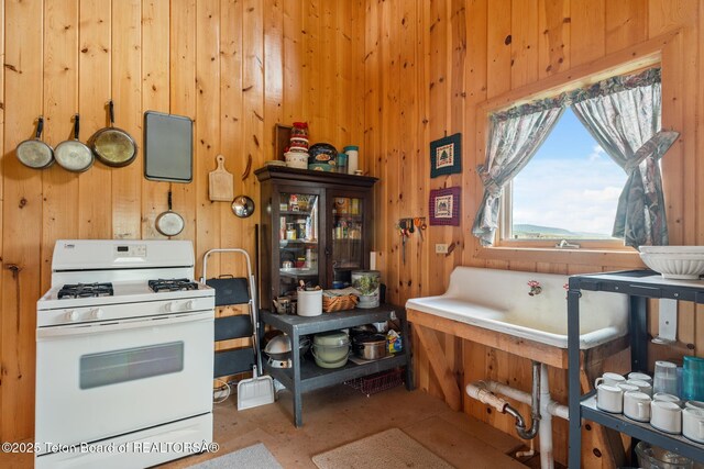 15 S Rainbow Dr, Cora, WY 82925 - kitchen with white range with gas cooktop and wood walls