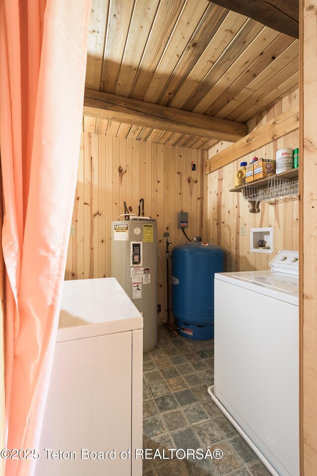 15 S Rainbow Dr, Cora, WY 82925 - laundry area with water heater, wooden walls, wood ceiling, dark stone finish floors, and washing machine and clothes dryer