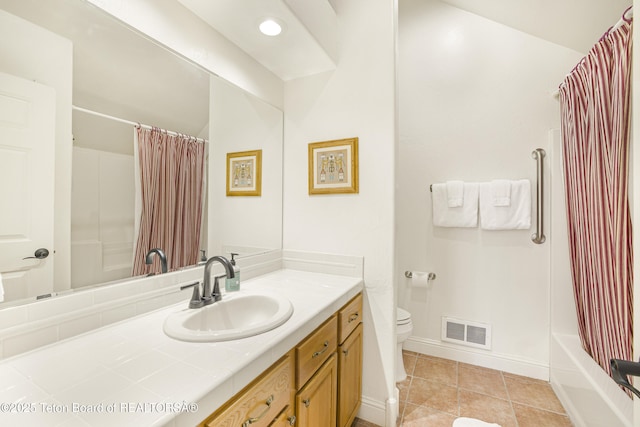 536 Shadow Brook Ln, Driggs, ID 83422 - bathroom with vanity, tile patterned floors, and shower / bath combo with shower curtain