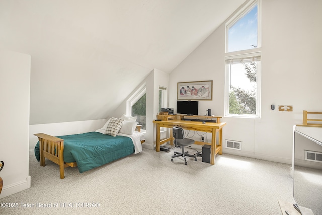 536 Shadow Brook Ln, Driggs, ID 83422 - bedroom with carpet flooring, an office area, and high vaulted ceiling