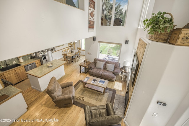 536 Shadow Brook Ln, Driggs, ID 83422 - living area featuring light wood-style flooring and a high ceiling