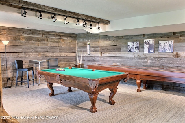 3525 W 13000 N, Felt, ID 83424 - rec room with wooden walls, rail lighting, carpet floors, and billiards table