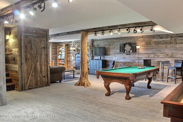 3525 W 13000 N, Felt, ID 83424 - game room with wooden walls, track lighting, carpet flooring, and billiards