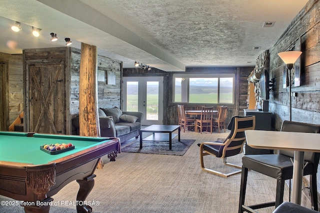 3525 W 13000 N, Felt, ID 83424 - game room with french doors, healthy amount of natural light, pool table, and wooden walls