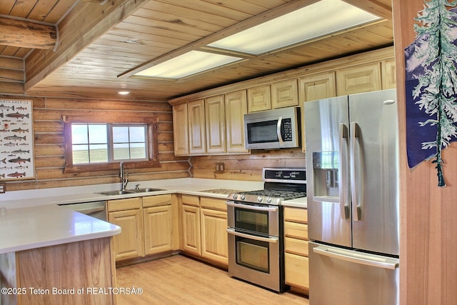 3525 W 13000 N, Felt, ID 83424 - kitchen with stainless steel appliances, wooden ceiling, rustic walls, light brown cabinetry, and light countertops