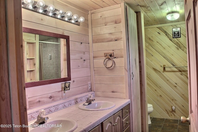 3525 W 13000 N, Felt, ID 83424 - full bathroom with wood walls, double vanity, wood ceiling, and an enclosed shower