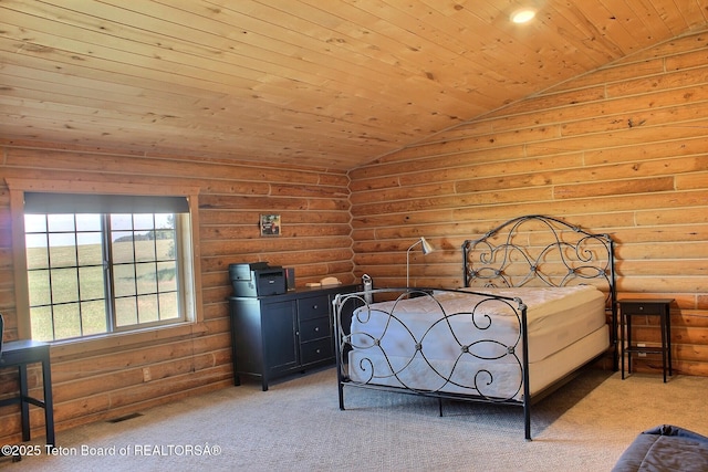 3525 W 13000 N, Felt, ID 83424 - carpeted bedroom with vaulted ceiling, rustic walls, and wood ceiling