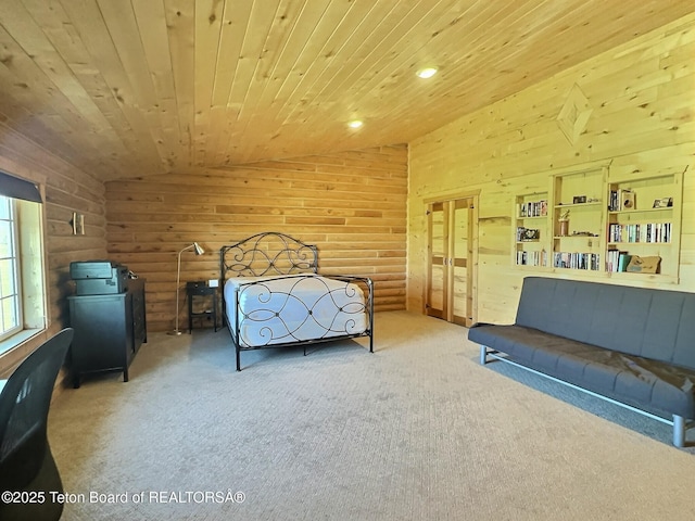 3525 W 13000 N, Felt, ID 83424 - carpeted bedroom with wooden ceiling, rustic walls, lofted ceiling, and recessed lighting