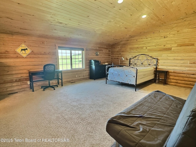 3525 W 13000 N, Felt, ID 83424 - bedroom featuring carpet, lofted ceiling, recessed lighting, wooden ceiling, and rustic walls