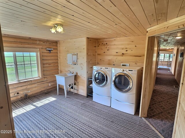 3525 W 13000 N, Felt, ID 83424 - laundry area featuring carpet floors, washer and dryer, wood ceiling, log walls, and wood walls