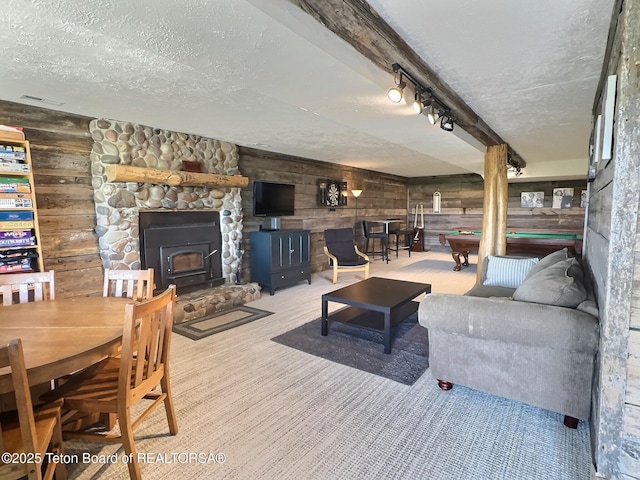 3525 W 13000 N, Felt, ID 83424 - carpeted living area with wooden walls, a textured ceiling, billiards, a wood stove, and rail lighting