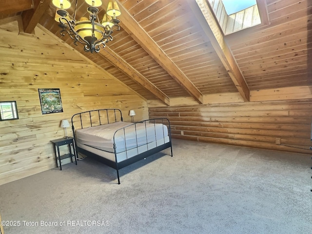 3525 W 13000 N, Felt, ID 83424 - bedroom with a chandelier, carpet, wooden ceiling, and log walls
