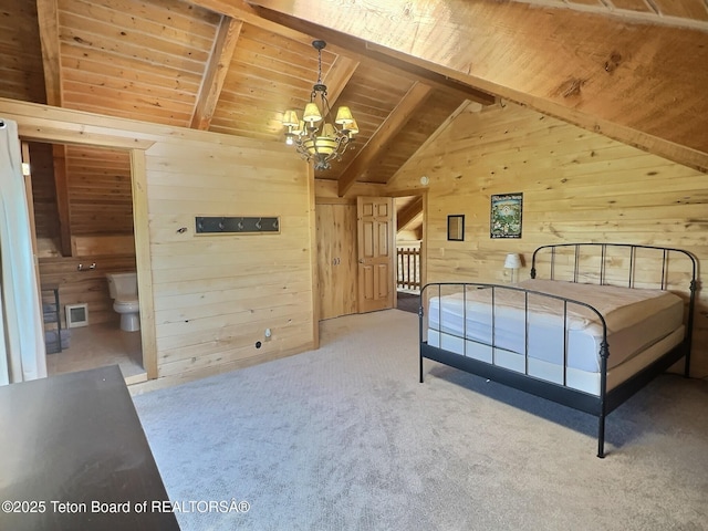 3525 W 13000 N, Felt, ID 83424 - bedroom featuring wood walls, wooden ceiling, a chandelier, and carpet