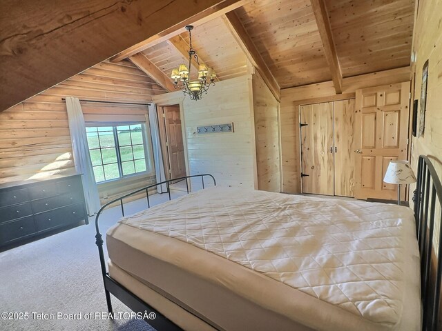 3525 W 13000 N, Felt, ID 83424 - bedroom featuring wood ceiling, wooden walls, a chandelier, and carpet floors