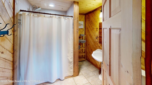 3525 W 13000 N, Felt, ID 83424 - full bath featuring wood walls, wood ceiling, tile patterned flooring, a shower with curtain, and recessed lighting