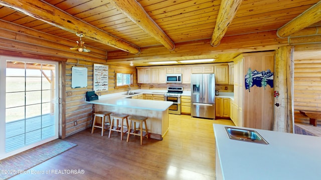 3525 W 13000 N, Felt, ID 83424 - kitchen featuring stainless steel appliances, a peninsula, rustic walls, light wood-style flooring, and a wooden ceiling with exposed beams