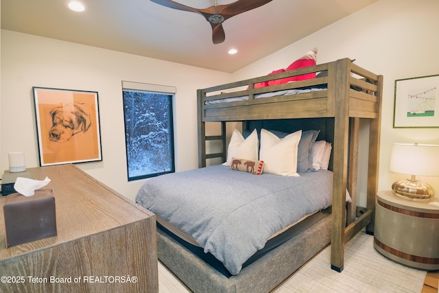 9632 Little Pine Ln, Victor, ID 83455 - bedroom with recessed lighting, a ceiling fan, and wood finished floors