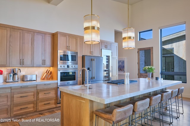 9632 Little Pine Ln, Victor, ID 83455 - kitchen with appliances with stainless steel finishes, a towering ceiling, light wood finished floors, a breakfast bar, and a kitchen island with sink