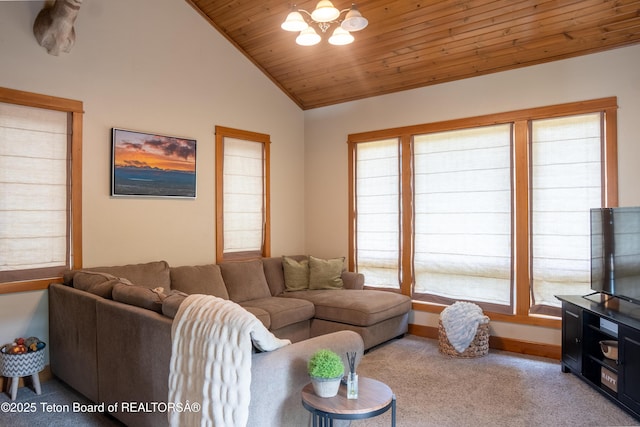 939 W Stuart St, Pinedale, WY 82941 - living room with wood ceiling, carpet flooring, and vaulted ceiling