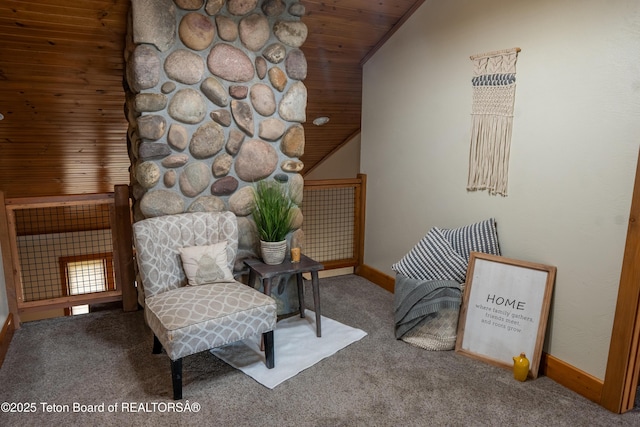 939 W Stuart St, Pinedale, WY 82941 - sitting room with wooden ceiling, lofted ceiling, and carpet floors