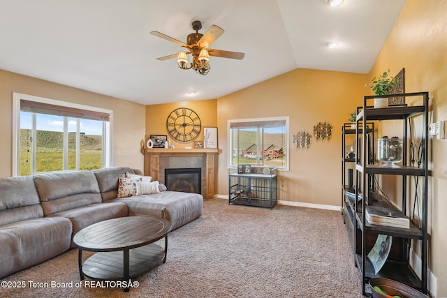 3 Healers, Pinedale, WY 82941 - carpeted living area with a ceiling fan, vaulted ceiling, plenty of natural light, and a fireplace