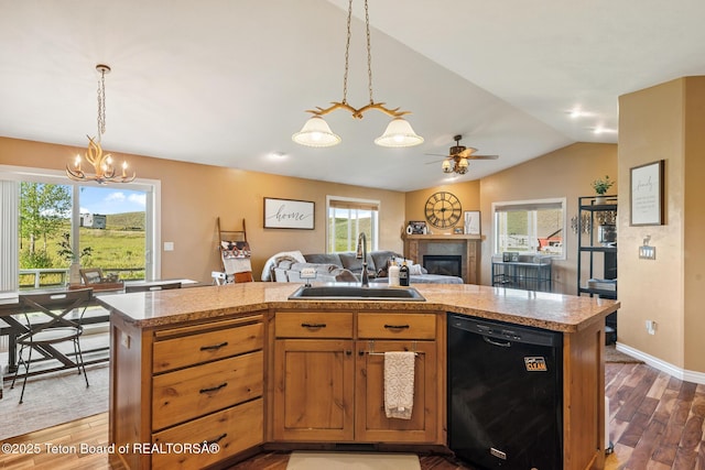 3 Healers, Pinedale, WY 82941 - kitchen featuring black dishwasher, open floor plan, ceiling fan, wood finished floors, and a chandelier