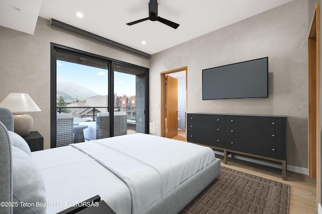 165 N Glenwood St # 30, Jackson, WY 83001 - bedroom with access to exterior, wood finished floors, recessed lighting, and ceiling fan