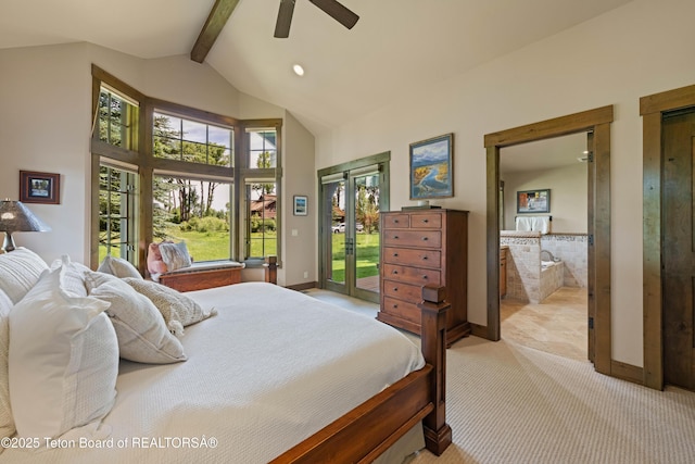 5862 N Coneflower Dr Unit 17, Jackson, WY 83001 - bedroom featuring access to exterior, light colored carpet, beam ceiling, french doors, and ensuite bath