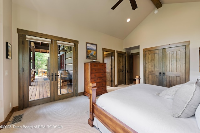 5862 N Coneflower Dr Unit 17, Jackson, WY 83001 - carpeted bedroom with french doors, access to outside, high vaulted ceiling, recessed lighting, and beam ceiling