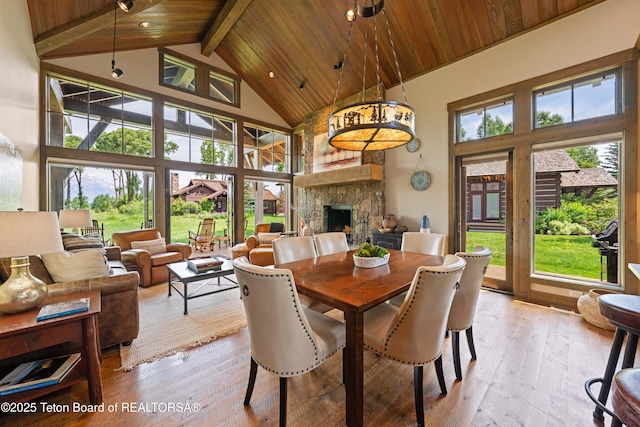 5862 N Coneflower Dr Unit 17, Jackson, WY 83001 - dining room featuring high vaulted ceiling, a wooden ceiling with exposed beams, light wood-type flooring, a fireplace, and plenty of natural light