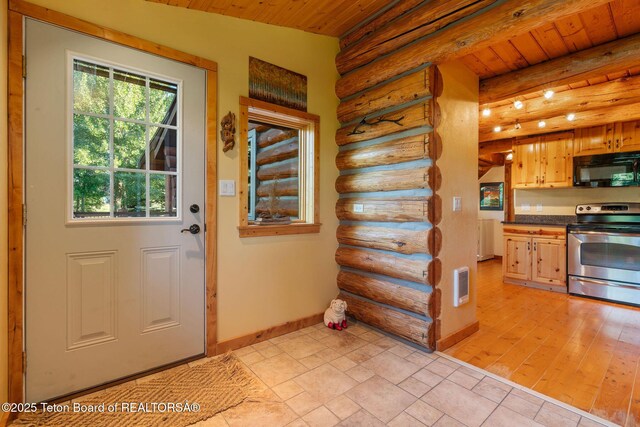 5100 Country Club Dr, Victor, ID 83455 - kitchen featuring stainless steel range with electric cooktop, black microwave, log walls, a wood ceiling with exposed beams, and dark countertops