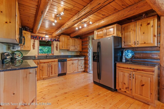 5100 Country Club Dr, Victor, ID 83455 - kitchen featuring appliances with stainless steel finishes, a wood ceiling with exposed beams, light wood finished floors, rustic walls, and track lighting