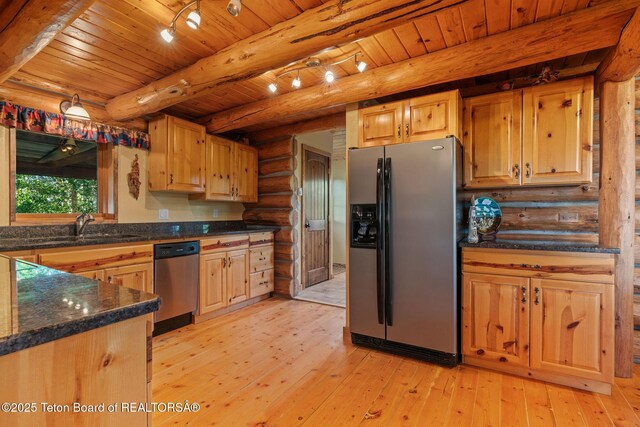 5100 Country Club Dr, Victor, ID 83455 - kitchen featuring appliances with stainless steel finishes, log walls, a wood ceiling with exposed beams, light wood finished floors, and rail lighting