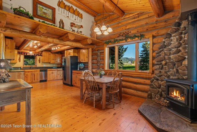 5100 Country Club Dr, Victor, ID 83455 - dining space featuring log walls, a wood ceiling with exposed beams, a wood stove, and light wood-style floors