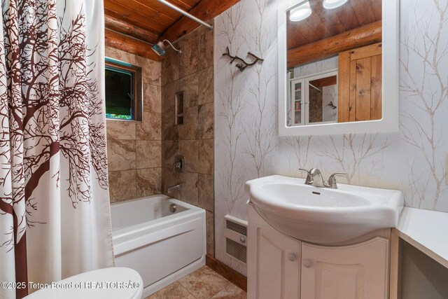 5100 Country Club Dr, Victor, ID 83455 - full bath with vanity, shower / bathtub combination with curtain, wood ceiling, and tile patterned floors