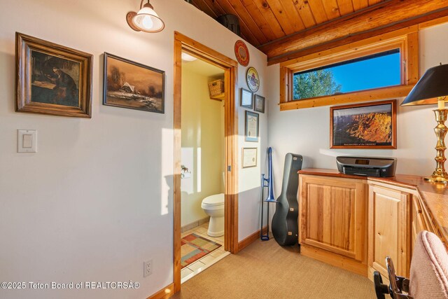 5100 Country Club Dr, Victor, ID 83455 - home office featuring a wooden ceiling with exposed beams and light colored carpet